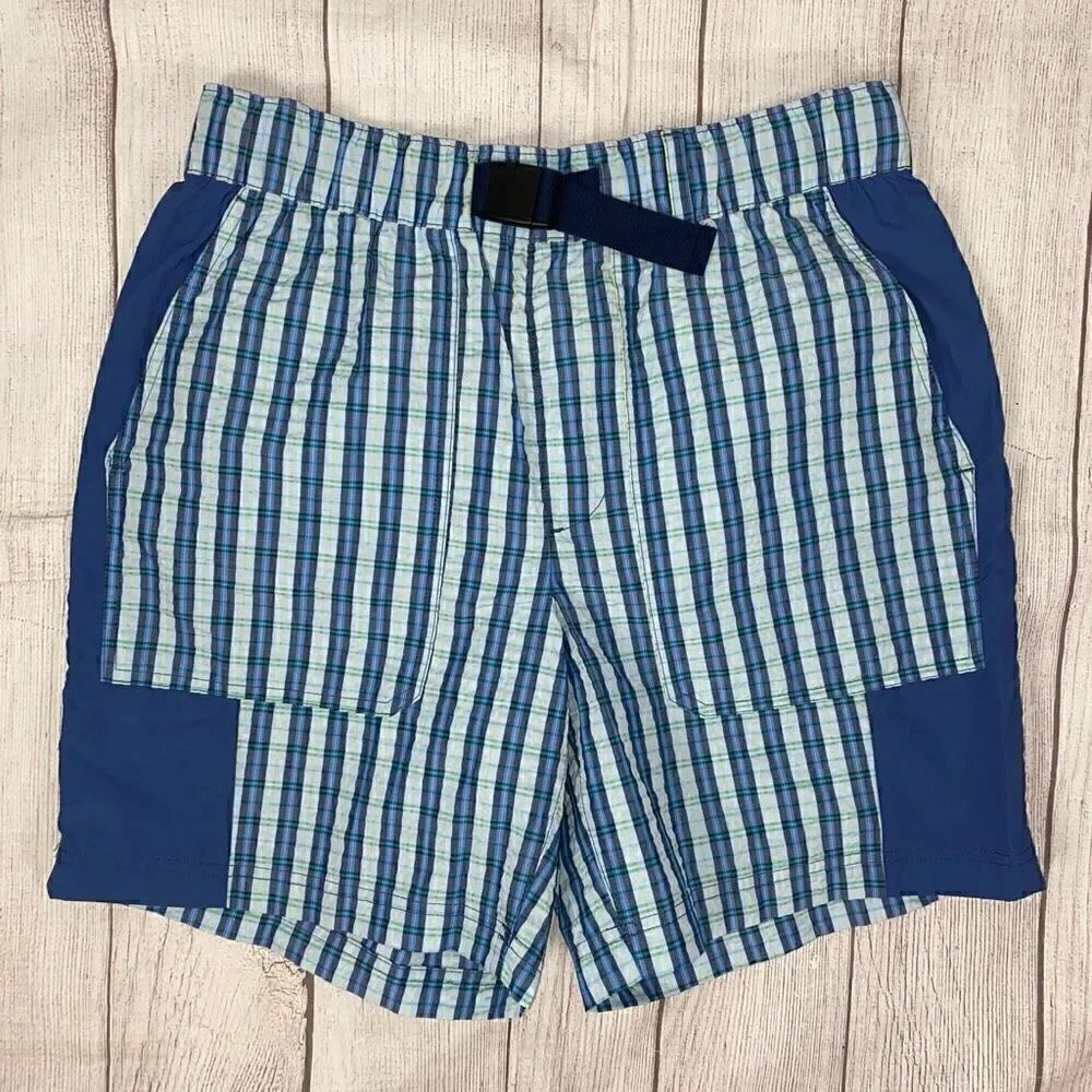 Free Assembly men M pull on plaid shorts w/built in belt